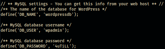 wpadmin:4uTiLL creds in wp-config.php