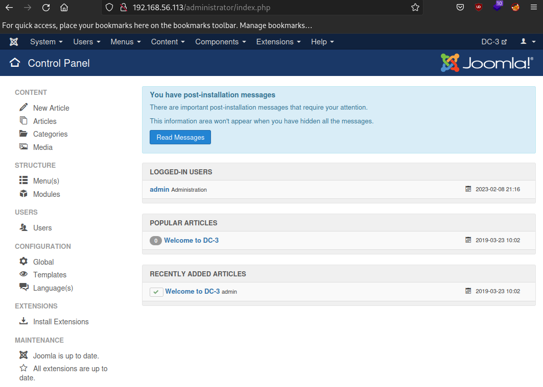Logged in as admin - Joomla