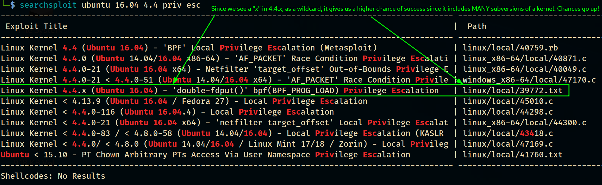 searchsploit's kernel exploit results